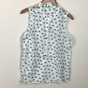 White Blue Green bird print lightweight cotton top